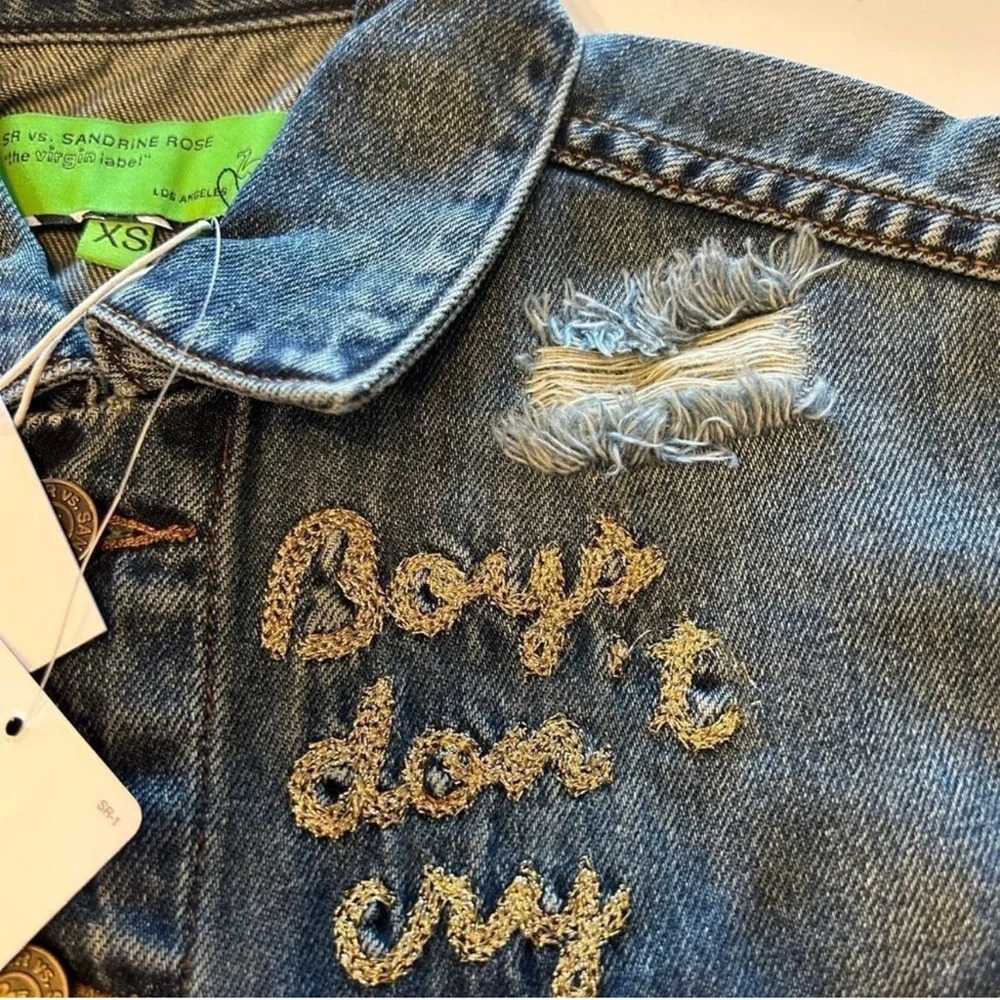 Free People x Sandrine Rose Boys Don’t Cry Distressed Denim Jacket - Picture 2 of 6